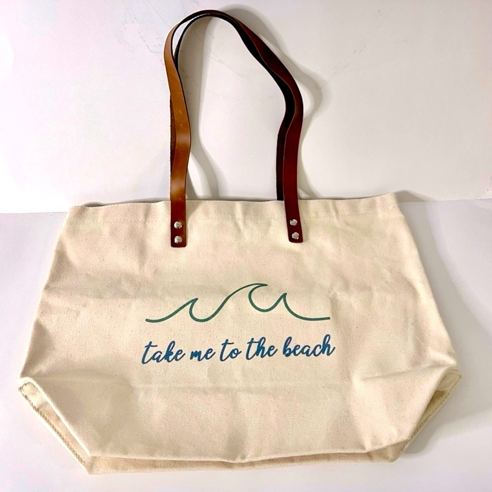 Coastal Rustic Marlin “Take me to the Beach” Canvas Tote Bag Leather Handles NWT